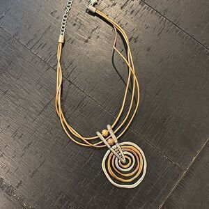 Mixed Metal Necklace Brass Copper Silver Hammered Circles Leather Vintage